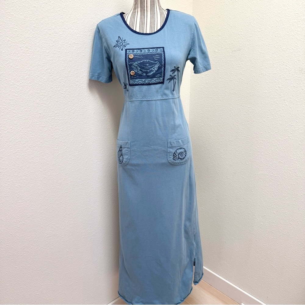 Vintage 90s Coastal Crab Embroidered Maxi Dress Small - Picture 2 of 4